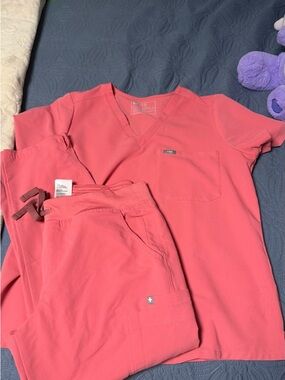 FIGS Coral Pink V-Neck Scrub Top and Drawstring Pants